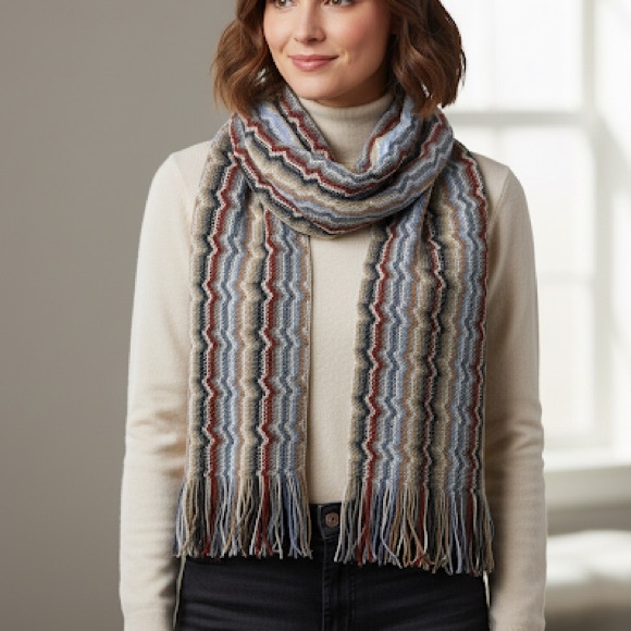 Missoni Wool Blend Zigzag Patterned Classic Scarf Blue Brown - Picture 1 of 6